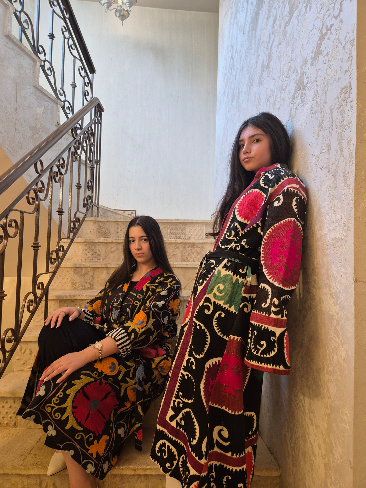 Black Suzani Embroidered Wrap Coat