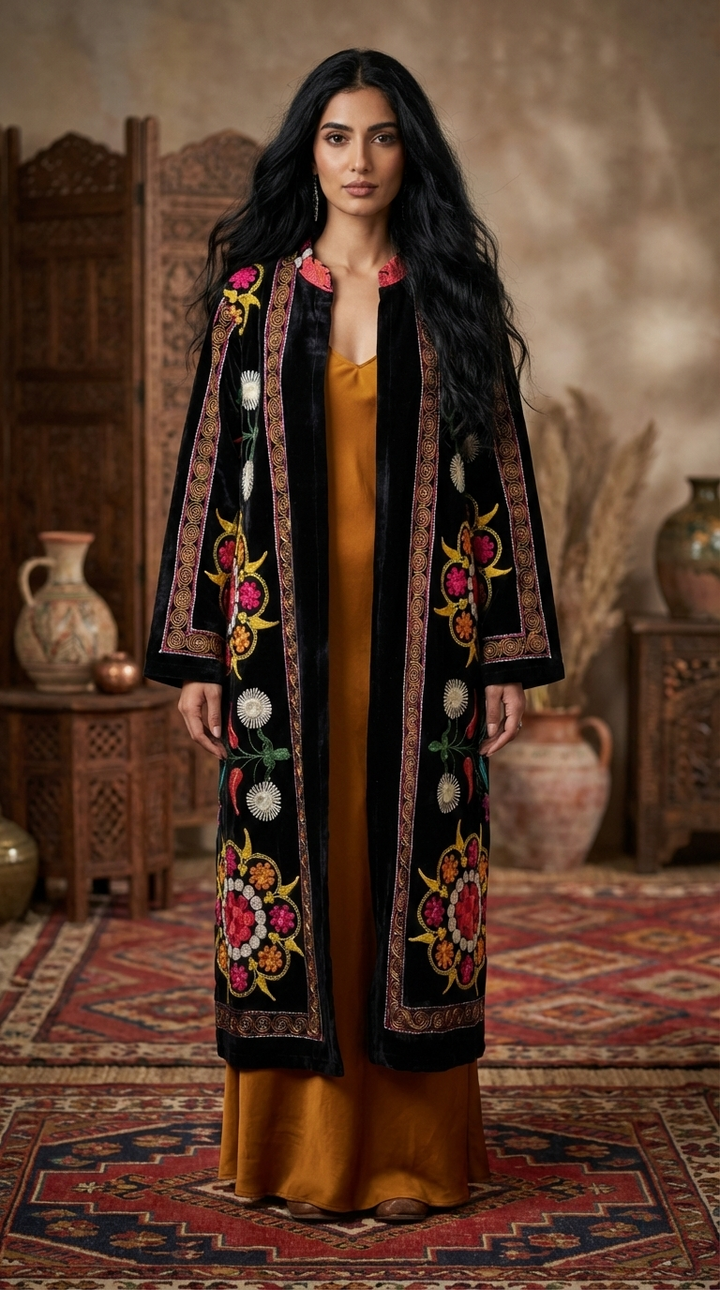 Black Velvet Suzani Embroidered Long Coat