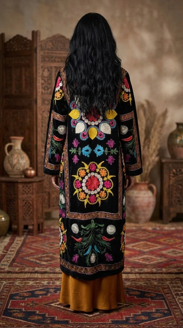 Black Velvet Suzani Embroidered Long Coat