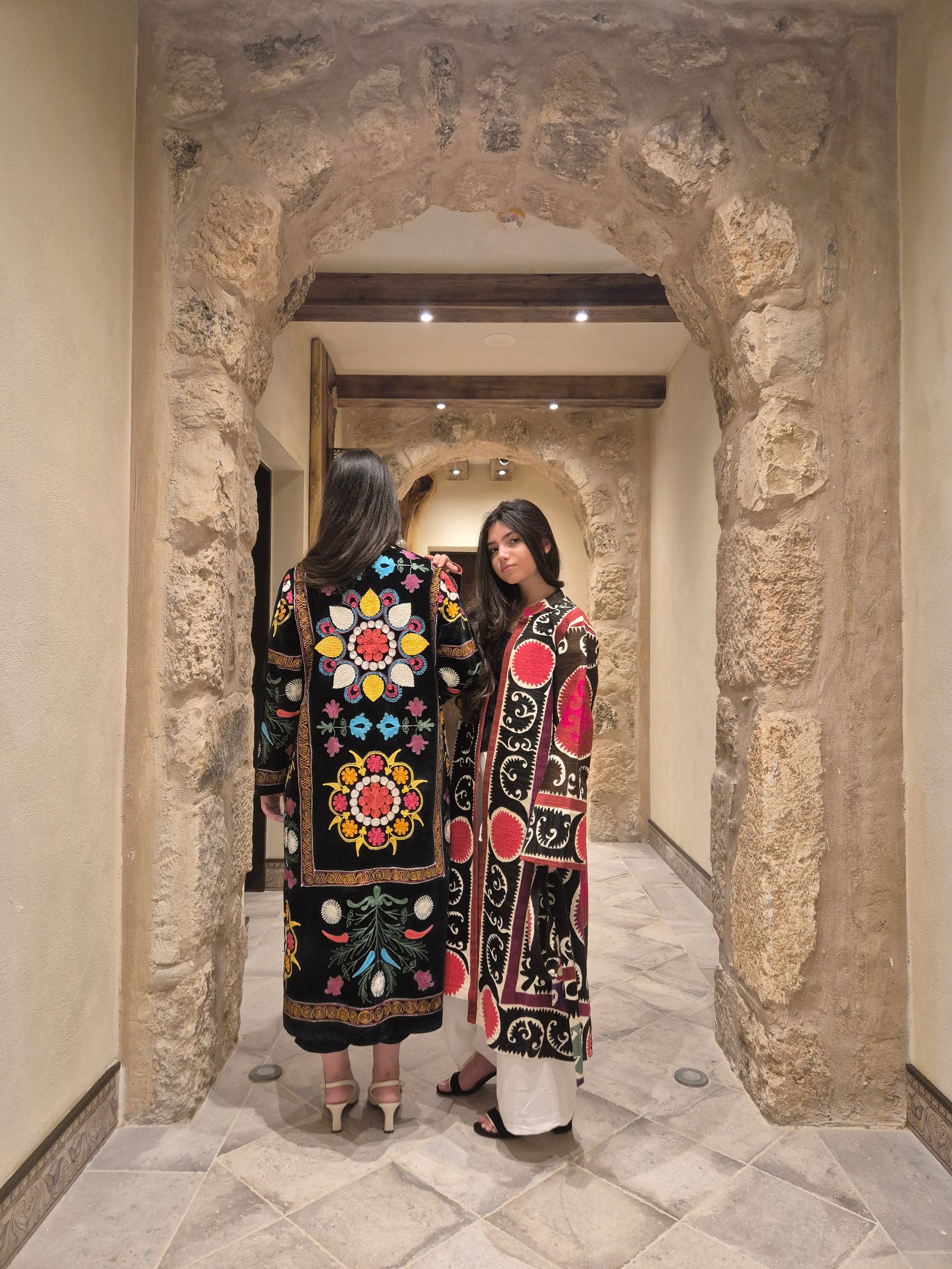 Black Velvet Suzani Embroidered Long Coat