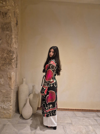 Black Suzani Embroidered Wrap Coat
