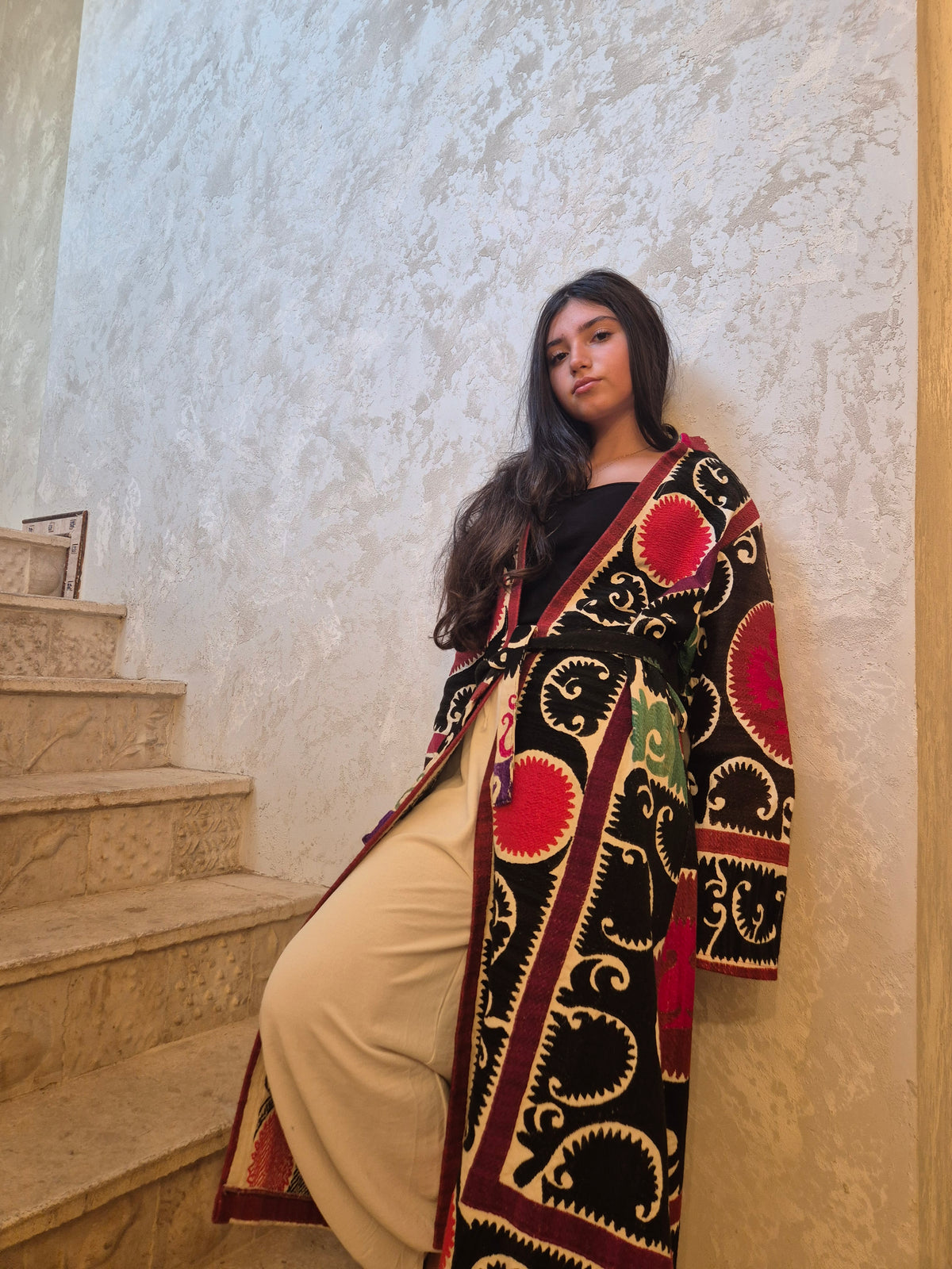 Black Suzani Embroidered Wrap Coat