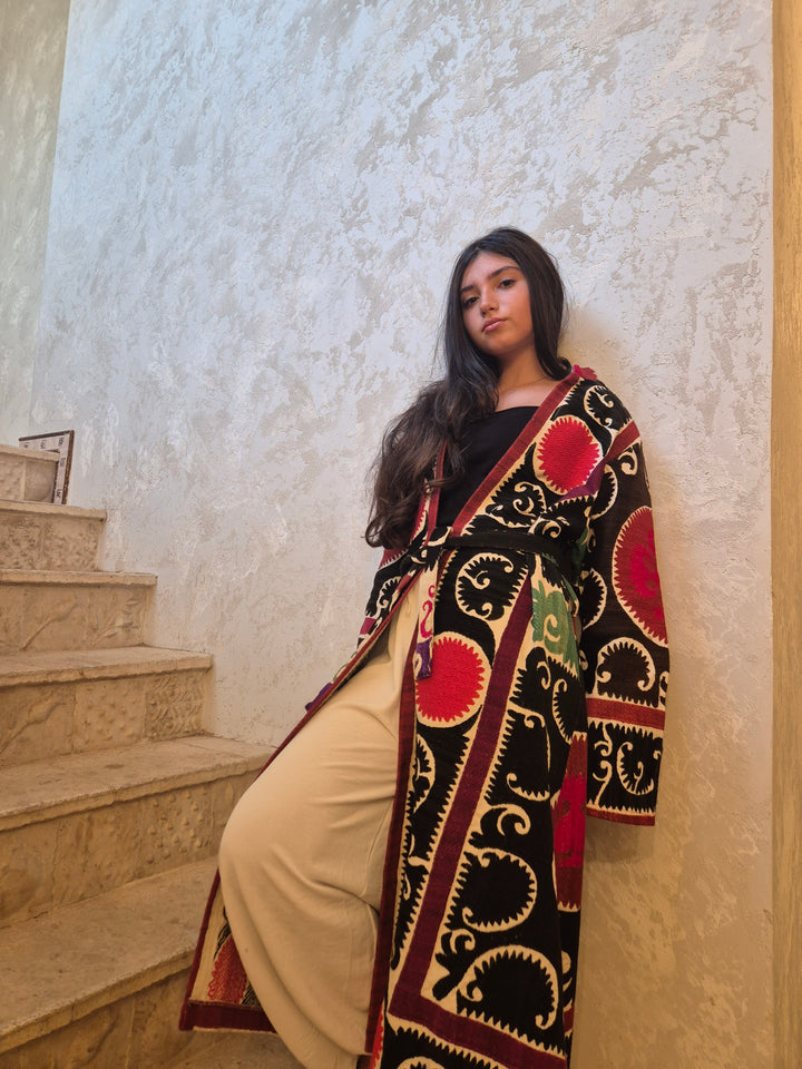 Black Suzani Embroidered Wrap Coat