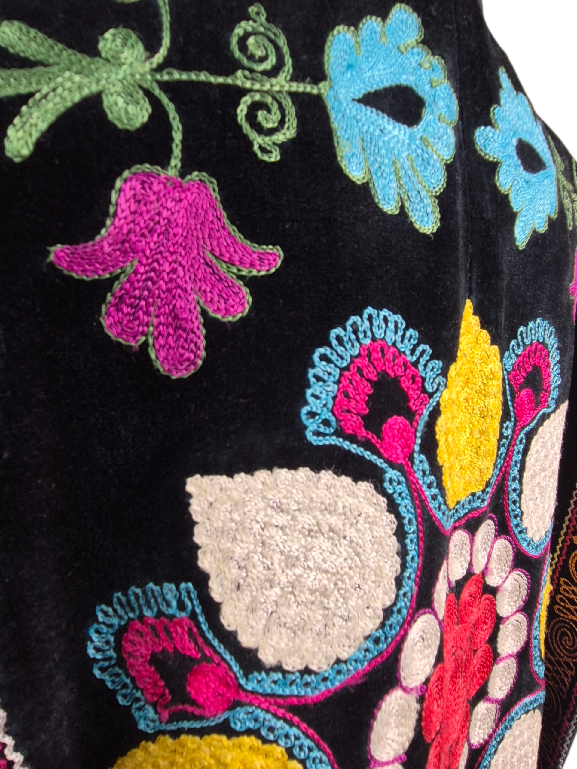 Black Velvet Suzani Embroidered Long Coat