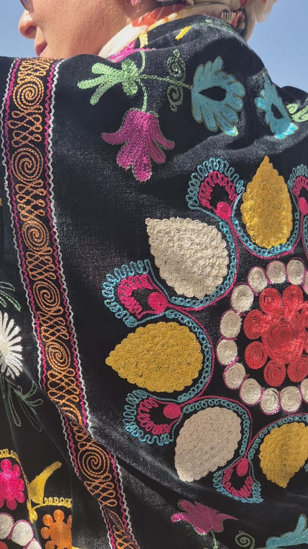 Black Velvet Suzani Embroidered Long Coat