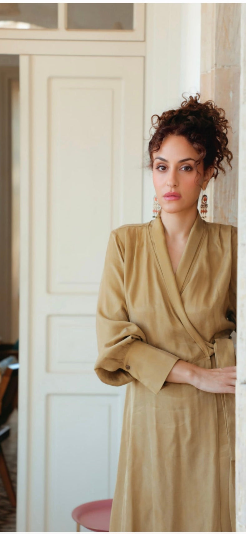 Gold Wrap Dress with Waist Tie