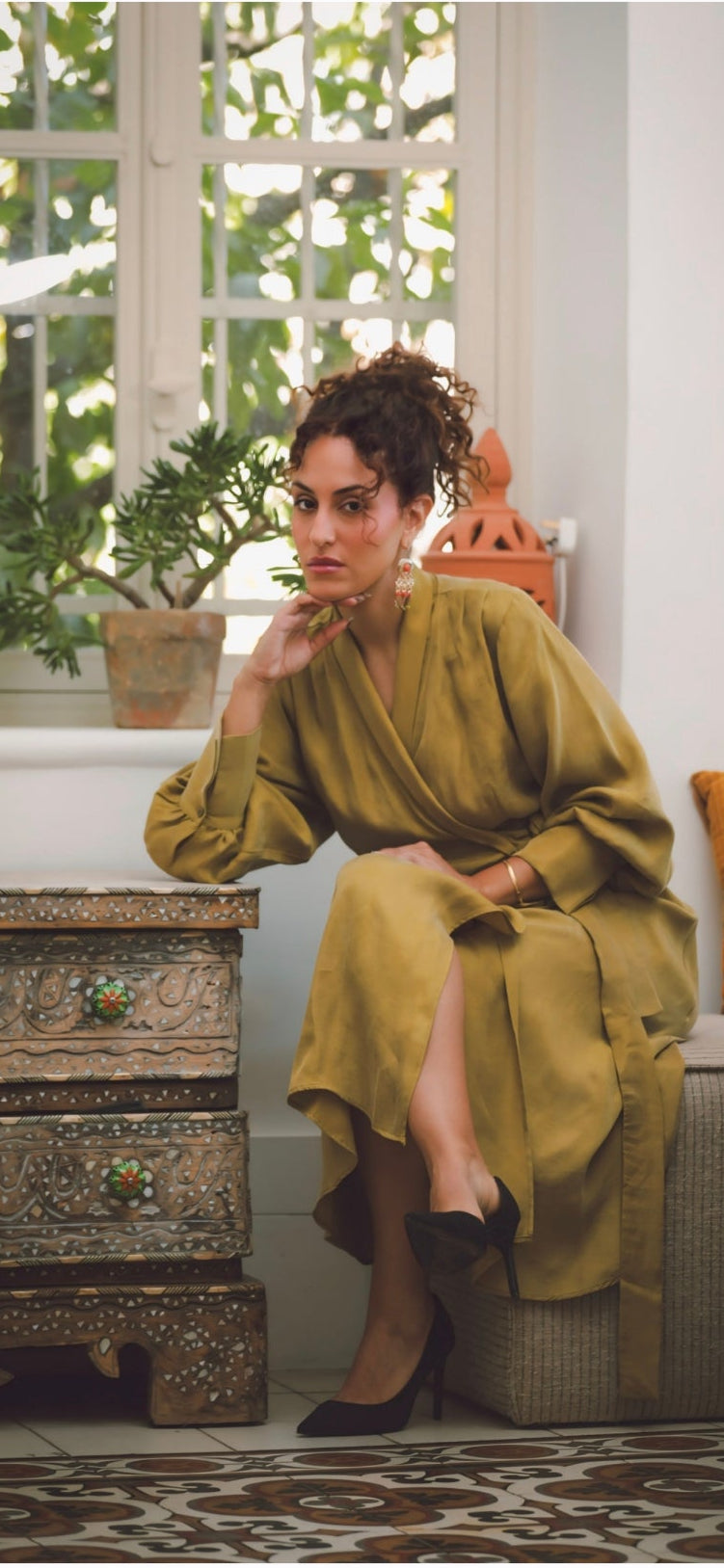 Gold Wrap Dress with Waist Tie